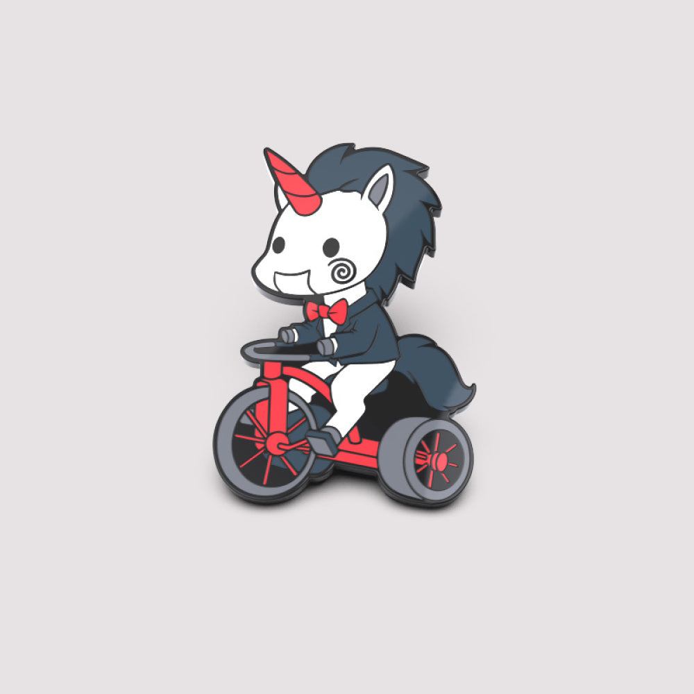 Illustration of a Playful Puppet Unicorn Pin character with a red horn and shoes, wearing a bow tie, riding a small red tricycle on a light gray background from the Nightmares Expansion Pack by Unstable Games.