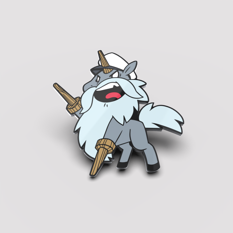 Illustration of a cartoon wolf with three samurai swords, two in its mouth and one on its back, posing confidently on a light gray background featuring Salty Seadogicorn Pins by Unstable Games.