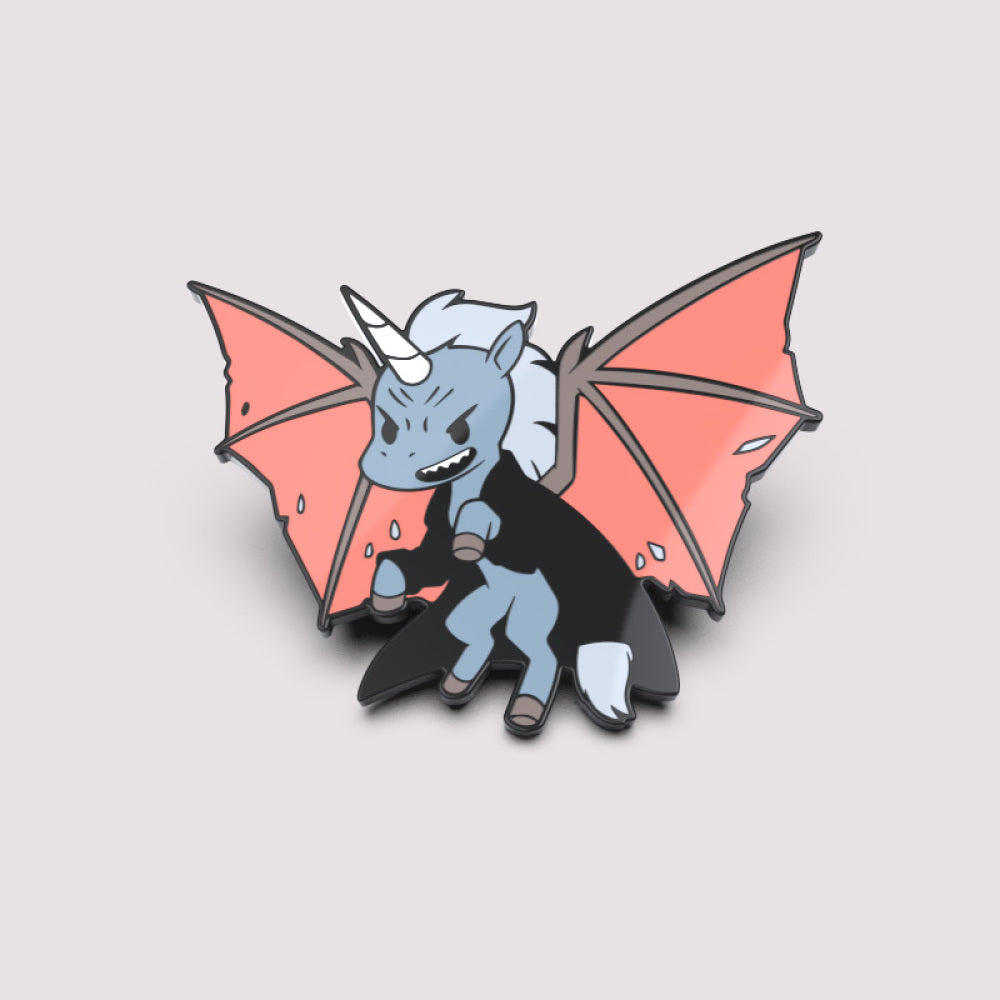 Illustration of a Winged Horrorcorn Pin from the Nightmares Expansion Pack with red wings, blue skin, and wearing a black cape, sitting and holding a microphone by Unstable Games.