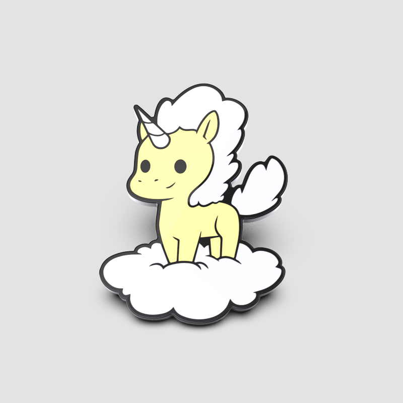 Illustration of a cute yellow unicorn with a white mane and tail, standing on a fluffy cloud, depicted as the Unstable Games Nimby Pin, with a shadow underneath on a grey background.
