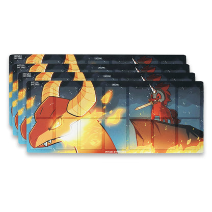 A set of illustrated playing cards featuring a dramatic scene with a red fox-like creature wielding a sword against a large yellow serpent, perfect for the Unstable Unicorns: Dragon Slayer Expansion Play Mat game by Unstable Games.