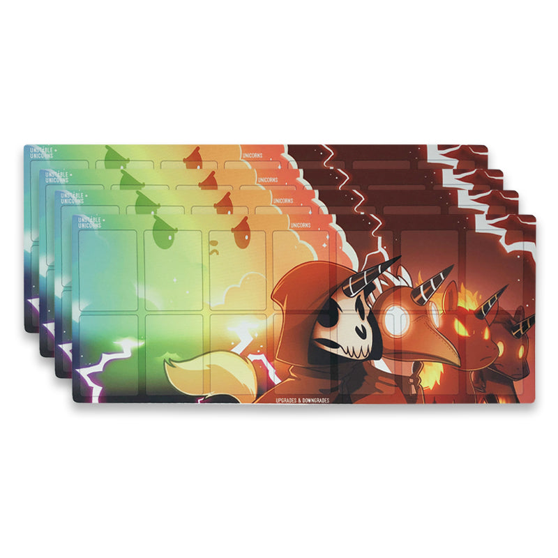 A set of colorful, Unstable Unicorns: Rainbow Apocalypse play mats featuring a fantasy battle scene with unicorns and warriors in vibrant hues by Unstable Games.
