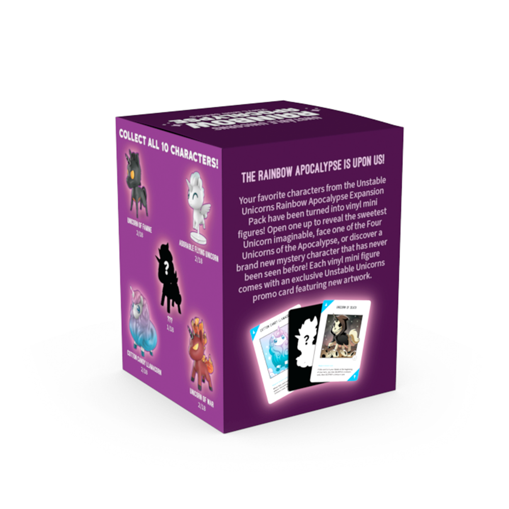 Purple product packaging for Unstable Unicorns: Rainbow Apocalypse Vinyl Mini Series featuring images and descriptions of vinyl mini figures.