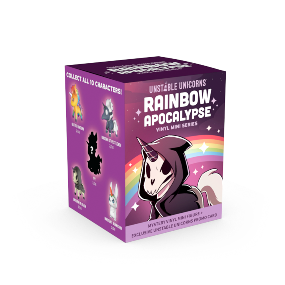 Box of "Unstable Unicorns: Rainbow Apocalypse Vinyl Mini Series" vinyl mini figures, featuring cartoon unicorn characters on a purple background by Unstable Games.