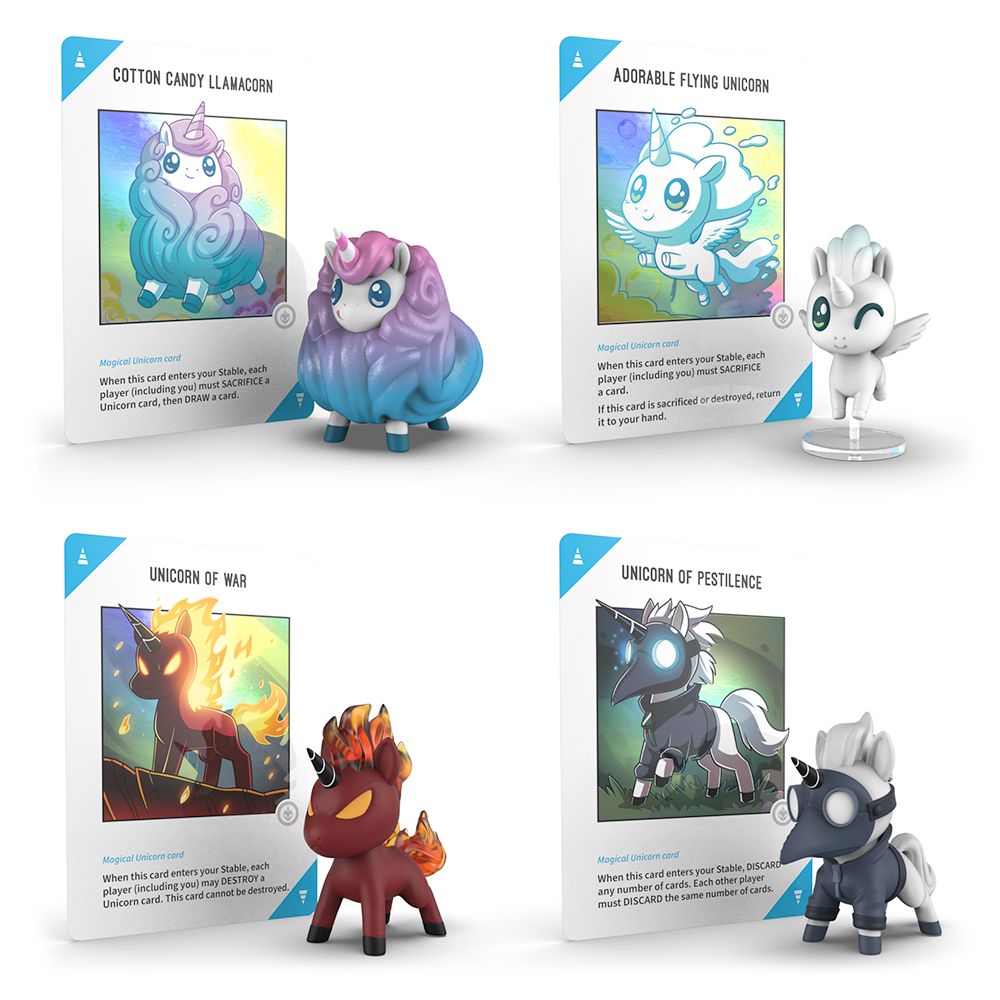 Four trading cards showcasing animated unicorns: a cotton candy llamacorn, an adorable flying unicorn, an Unstable Unicorns: Rainbow Apocalypse Vinyl Mini Series of war, and a unicorn of pestilence, each with distinct, colorful illustrations.