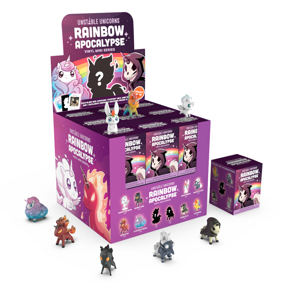 Display of Unstable Games' "Unstable Unicorns: Rainbow Apocalypse Vinyl Mini Series" figures, featuring various colorful unicorn toys and themed packaging.