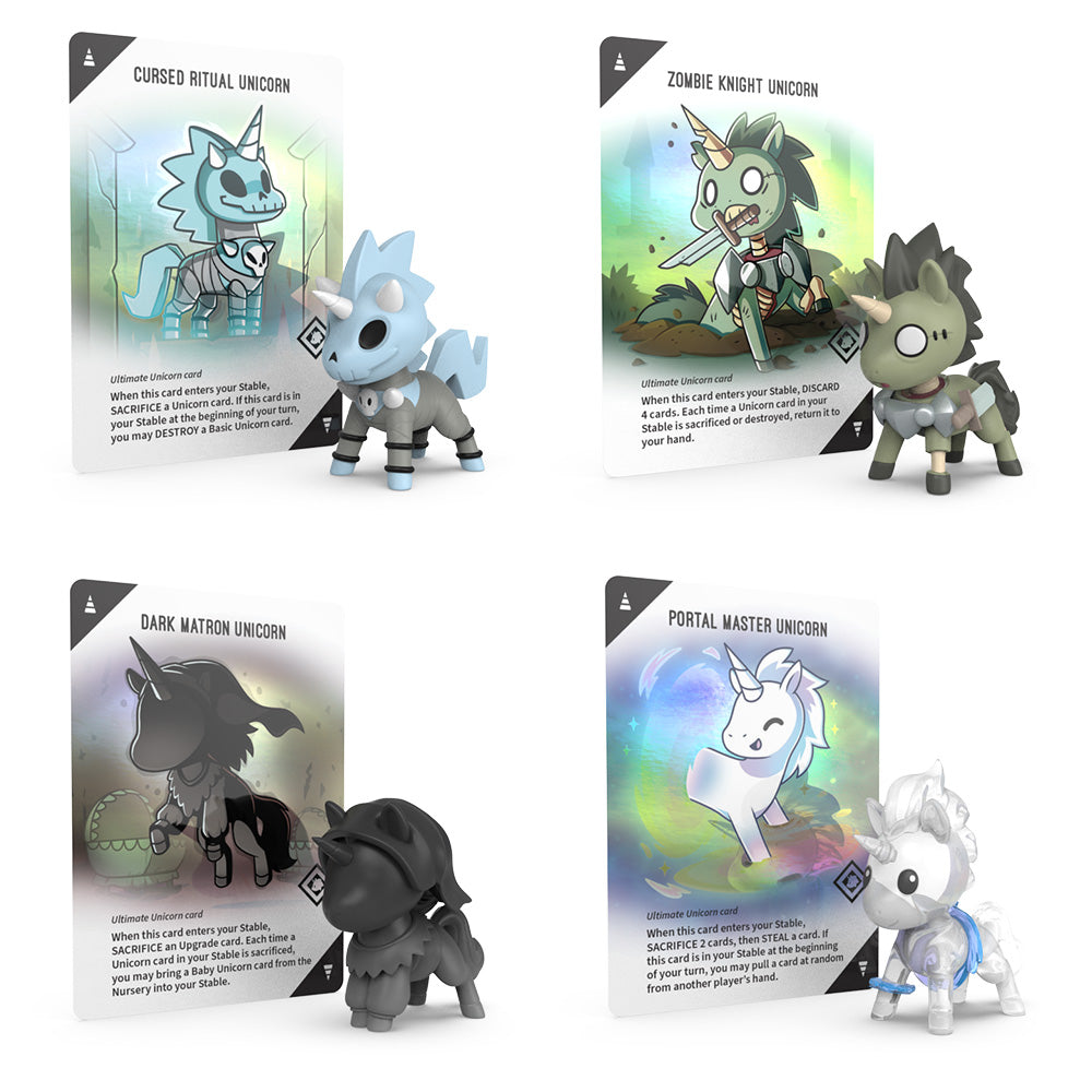 Explore Unstable Games' Ultimate Unstable Unicorns: Vinyl Figure Blind Box featuring Cursed Ritual, Zombie Knight, Dark Matron, and Portal Master. Each unicorn flaunts a distinct design for a Rainbow Apocalypse surprise!.