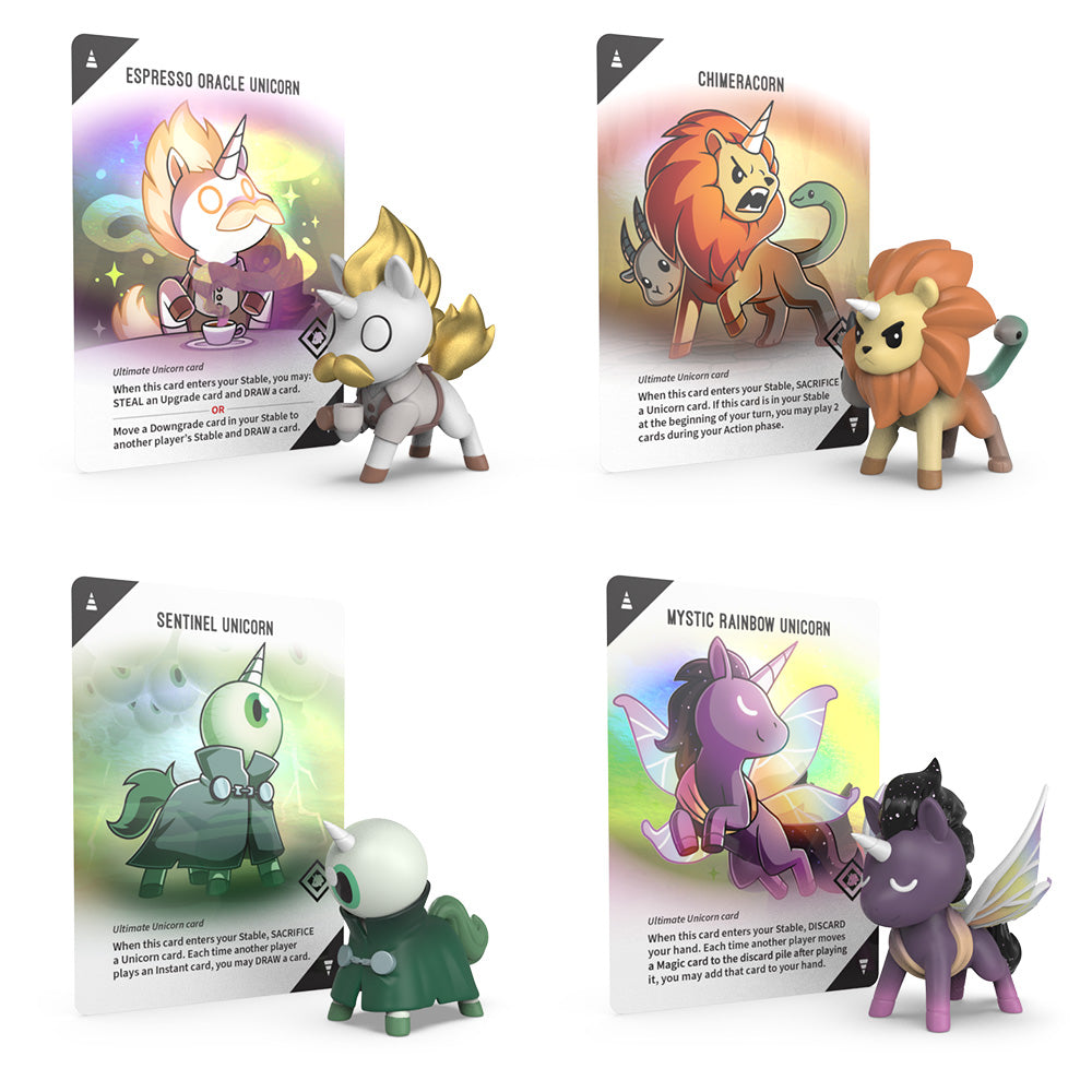 Four unicorn figurines from the Ultimate Unstable Unicorns: Vinyl Figure Blind Box by Unstable Games, each with card illustrations. Highlighting Espresso Oracle, Chimeracorn, Sentinel, and Mystic Rainbow unicorns for a Rainbow Apocalypse adventure.