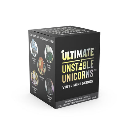 Discover the "Ultimate Unstable Unicorns: Vinyl Figure Blind Box" by Unstable Games, presented in a sleek black box. Each blind box reveals collectible unicorn figures that bring surprise and chaos, reminiscent of a miniature Rainbow Apocalypse.