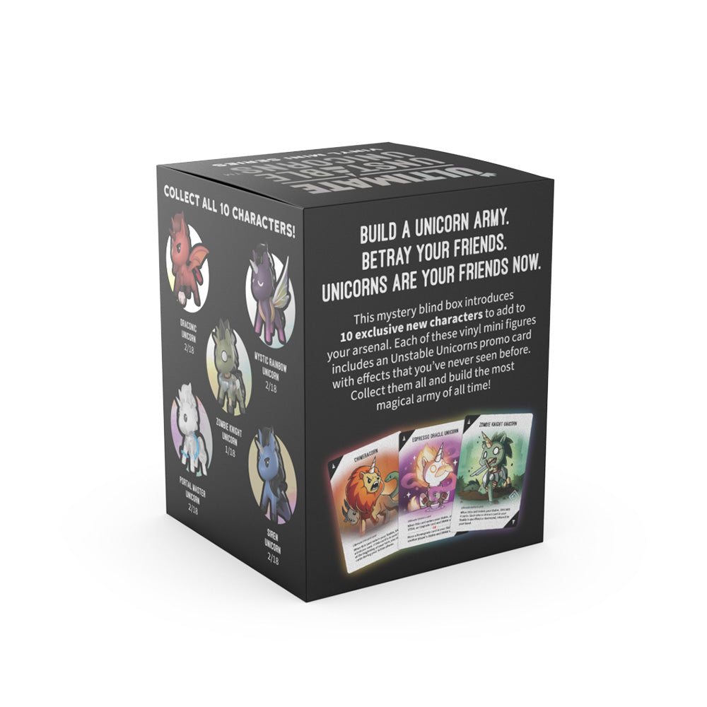 Explore the Ultimate Unstable Unicorns: Vinyl Figure Blind Box by Unstable Games. Inside, find unique unicorn-themed collectibles, each with special features. Encased in a sleek black box with vibrant character images and promotional text, it's a Rainbow Apocalypse treat!.