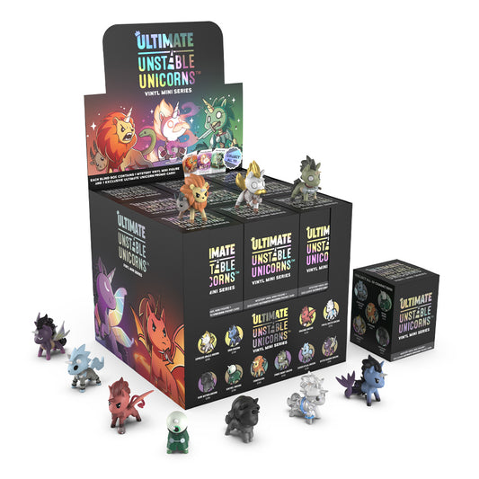 A display box of Ultimate Unstable Unicorns: Vinyl Figure Blind Box by Unstable Games showcases a vibrant collection of unicorn figures, set to deliver a whimsical Rainbow Apocalypse.