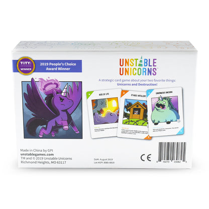 A box of "Unstable Unicorns: Base Game" strategic card game from Unstable Games, featuring illustrations of colorful unicorns and game cards, labeled as the 2019 People’s Choice Award winner.