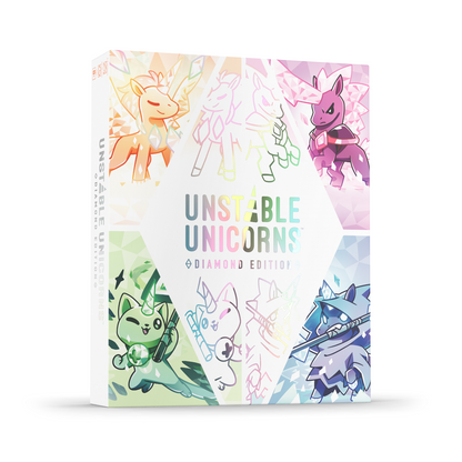 The Unstable Games "Unstable Unicorns: Diamond Edition: Base Game" box features vibrant cartoon unicorns on the cover and comes with stunning holographic cards, adding a magical touch to your gameplay.