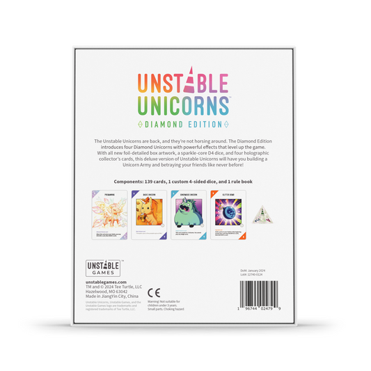 Back of the Unstable Games' Unstable Unicorns: Diamond Edition box features dazzling holographic cards, game description, and component details.