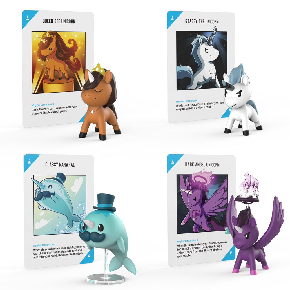 Four illustrated trading cards of fantasy creatures including Unicorn Army, a narwhal, and others with corresponding description texts and Unstable Unicorns: Vinyl Mini Series figurines.