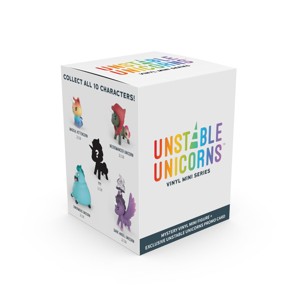 A 3D image of a product box for "Unstable Unicorns: Vinyl Mini Series" by Unstable Games, featuring cartoon unicorn characters and collectible details.