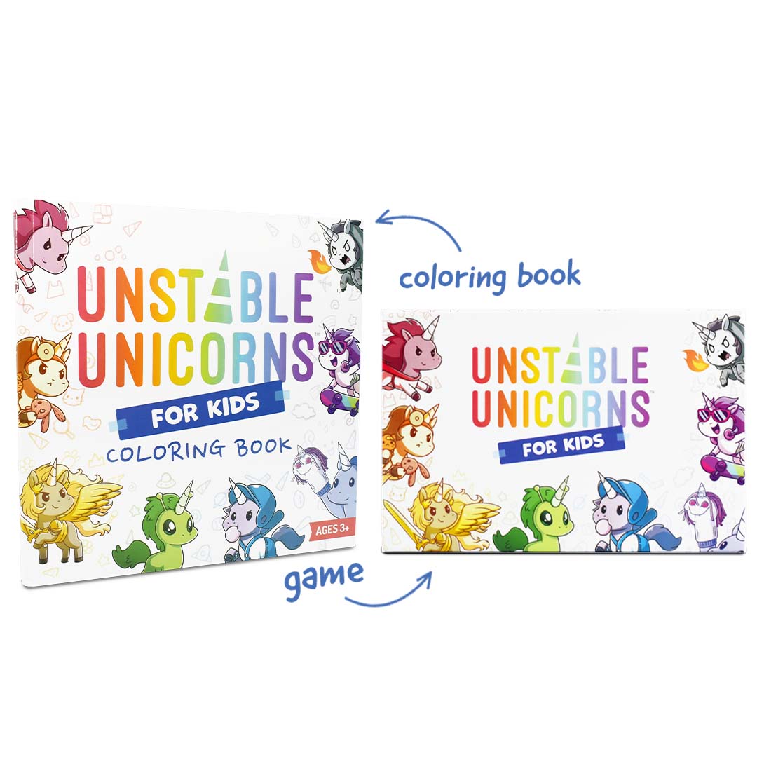 Two Unstable Unicorns for Kids: Base Game + Coloring Book displayed, both featuring colorful cartoon unicorns.