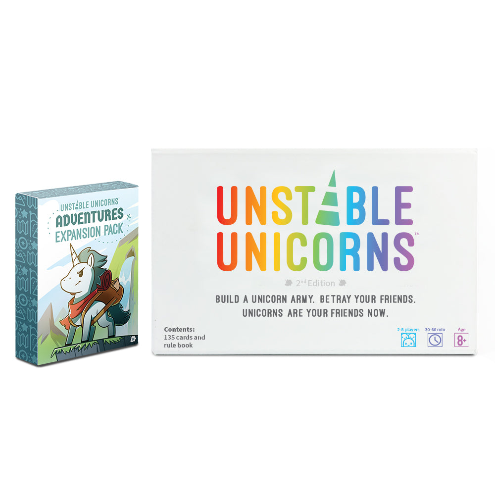 Two boxes of Unstable Games' "Unstable Unicorns: Base Game + Adventures Expansion Bundle" strategic card game: one expansion pack and one second edition base game, both featuring colorful unicorn graphics.