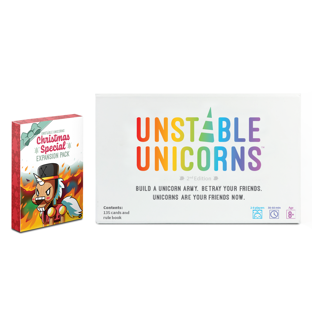 A strategic card game titled "Unstable Unicorns: Base Game + Christmas Expansion Bundle" by Unstable Games, displaying colorful unicorn characters and game details.