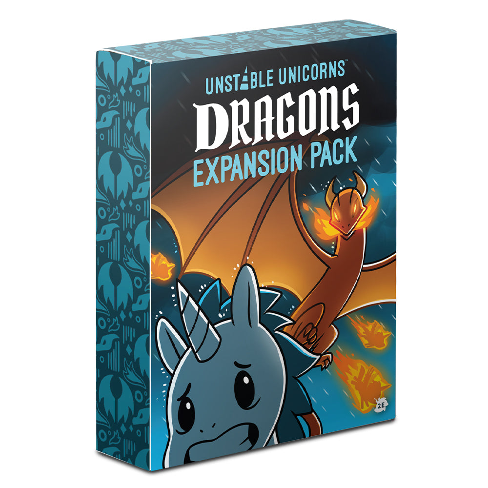 Box of "Unstable Unicorns: Dragons Expansion" featuring a cartoon image of a sad blue unicorn and a playful orange dragon-themed dragon by Unstable Games.