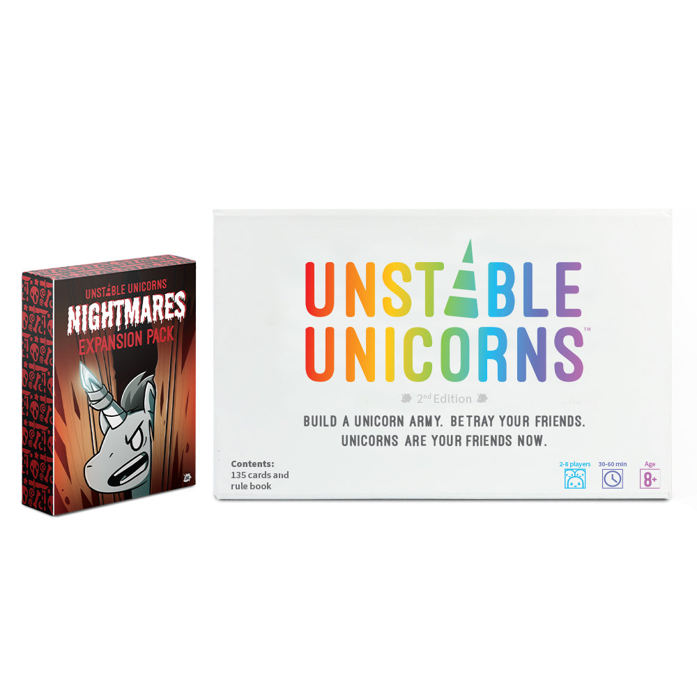 Two boxed games from Unstable Games titled "Unstable Unicorns: Base Game + Nightmares Expansion Bundle," featuring colorful unicorn graphics and designed for building a strategic unicorn army.