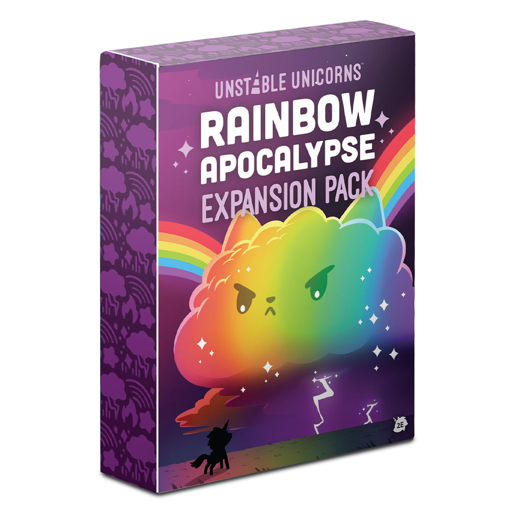 Box for the 'Unstable Unicorns: Rainbow Apocalypse Expansion' featuring a colorful angry cloud and a silhouette of a unicorn amidst apocalyptic mayhem by Unstable Games.
