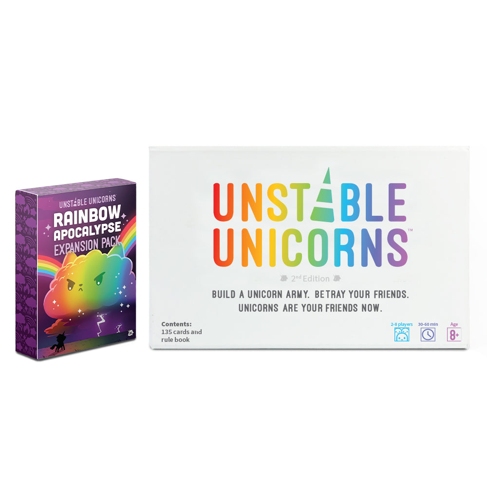 Two boxes of Unstable Games' Unstable Unicorns: Base Game + Rainbow Apocalypse Expansion Bundle, including the main game and a "Rainbow Apocalypse expansion pack," with colorful logos and designs.
