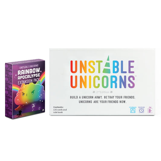 Two boxes of Unstable Games' Unstable Unicorns: Base Game + Rainbow Apocalypse Expansion Bundle, including the main game and a 