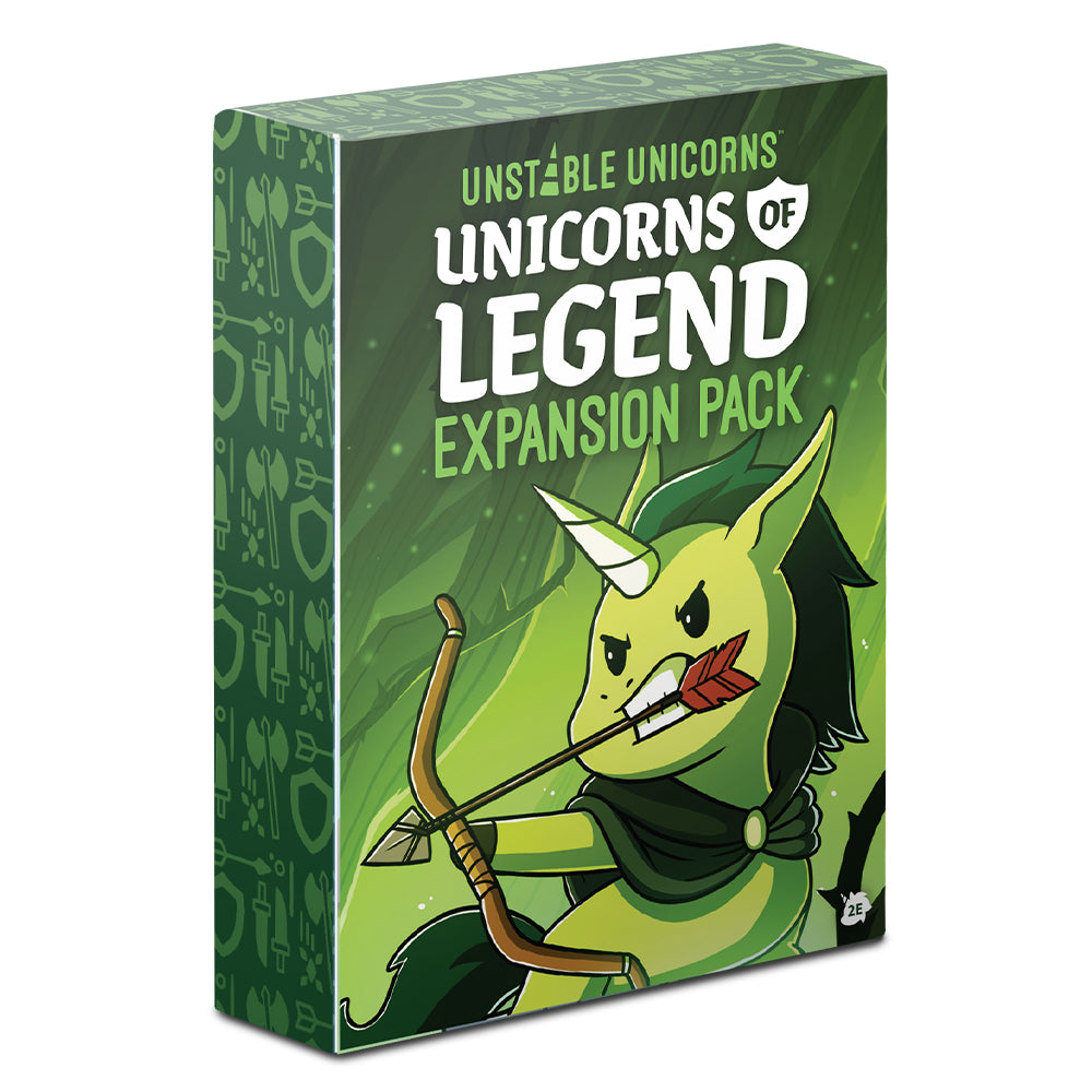 Box of Unstable Games' "Unstable Unicorns: Unicorns of Legend Expansion" featuring an illustration of a battle-hardened unicorn with a bow and arrow.