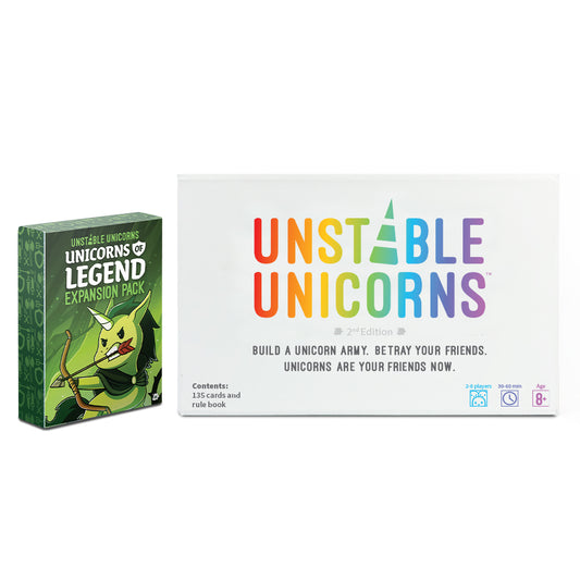 Two boxed sets of the Unstable Unicorns: Base Game + Unicorns of Legend Expansion Bundle by Unstable Games, displayed side by side.
