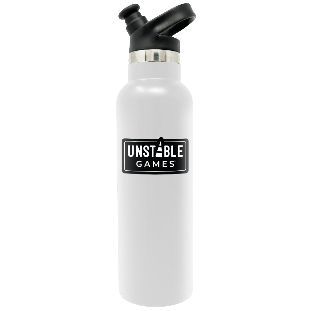 White water bottle with a black flip-top lid and "Unstable Games" logo, a tabletop game publisher, on the front.