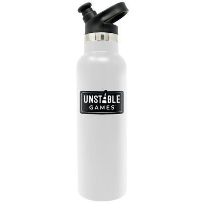 White water bottle with a black flip-top lid and "Unstable Games" logo, a tabletop game publisher, on the front.