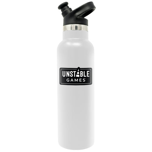 White water bottle with a black flip-top lid and 
