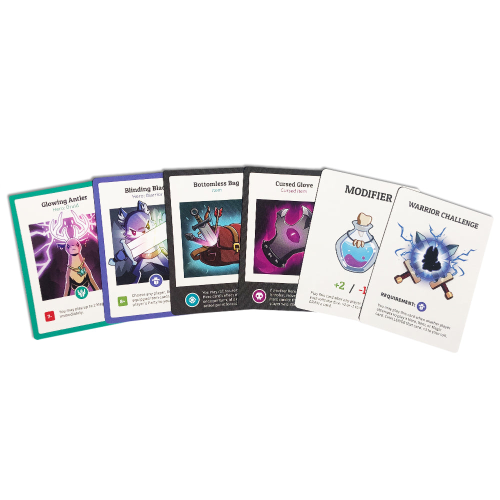 Five colorful Here to Slay: Warriors & Druids Expansion game cards spread out, each featuring unique fantasy illustrations and game statistics for Unstable Games Party Leader cards.