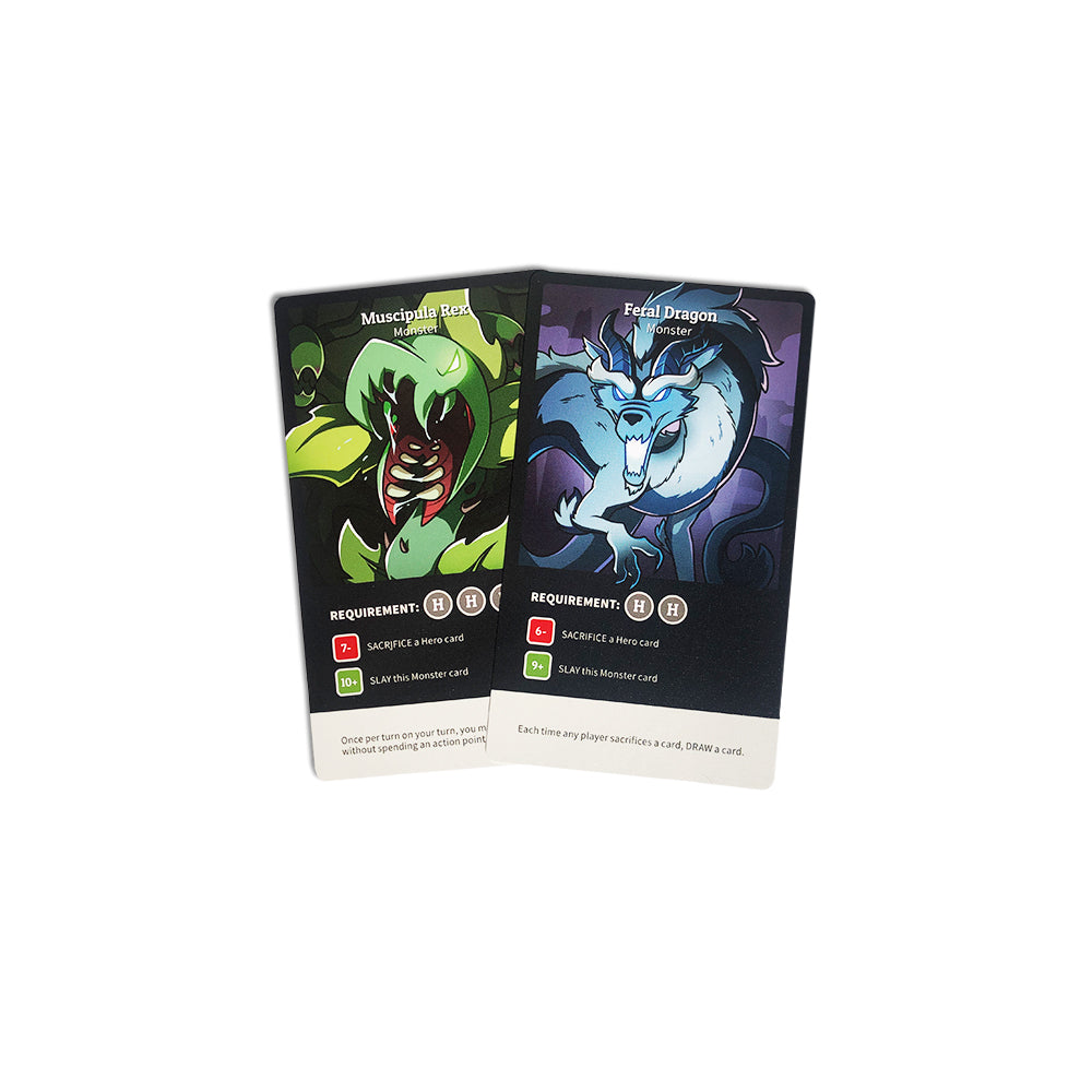 Two Party Leader cards depicting a "musclephibian" and "feral dragon" with graphic illustrations and gameplay text from the Here to Slay: Warriors & Druids Expansion, isolated on a white background by Unstable Games.