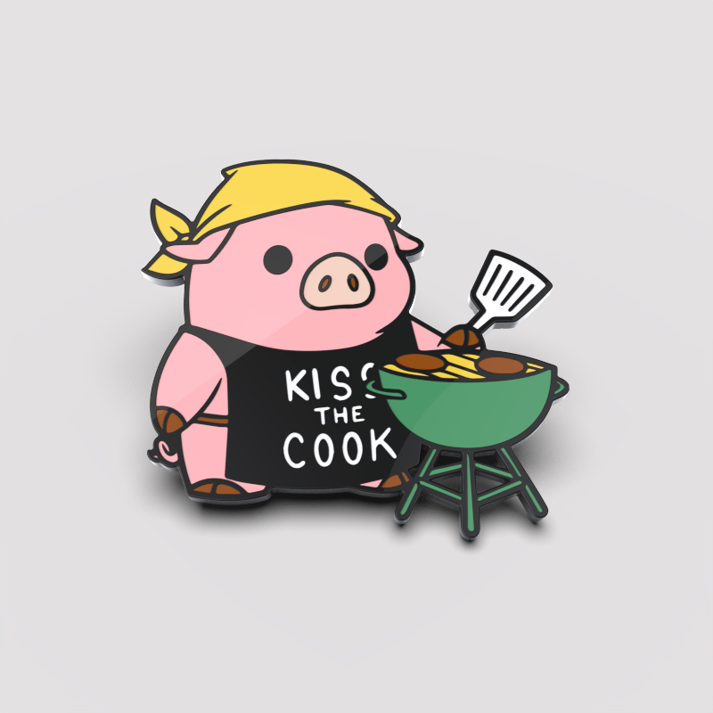 Cartoon pig wearing a "Grillmaster" apron and grilling sausages on a barbecue.
Product Name: Grillmaster Pin
Brand Name: Unstable Games
