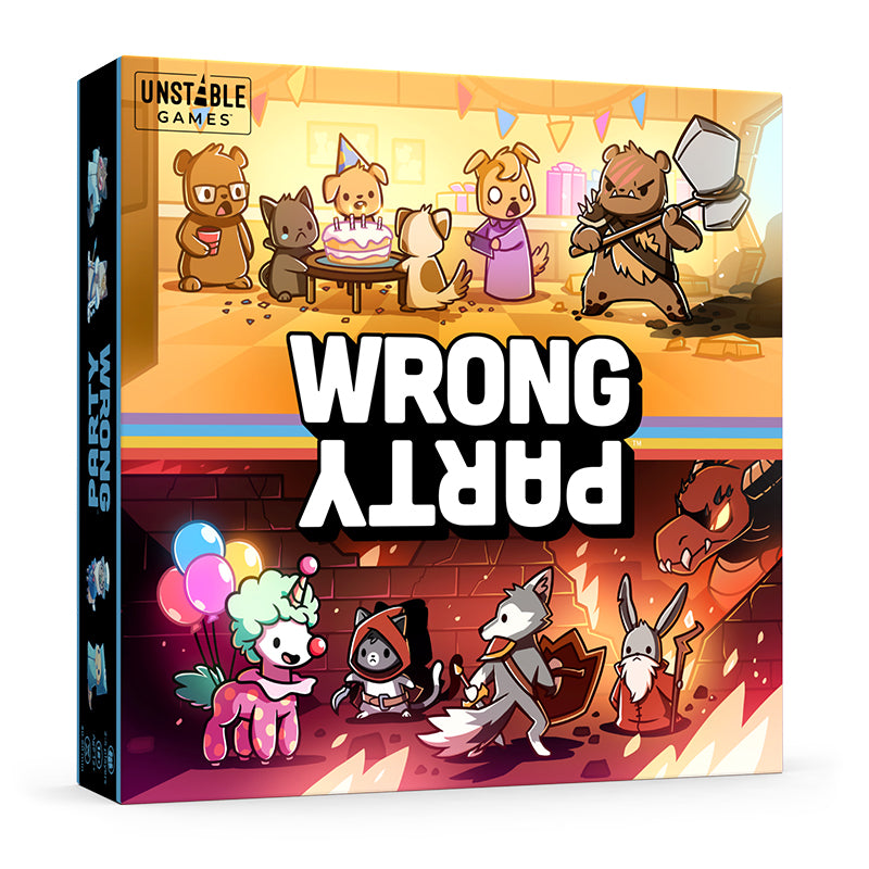 Board game box for "Wrong Party: Base Game" by Unstable Games, featuring cartoon animals at a party on the top half and fighting in a dungeon on the bottom half.