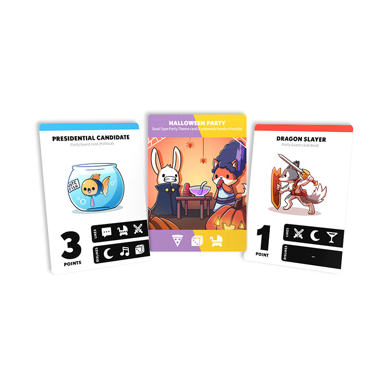 Three illustrated game cards depicting quirky characters from the Wrong Party: Base Game by Unstable Games: a goldfish in a bowl, a rabbit at the Greatest Guest List of All Time, and a knight fighting a dragon, each with distinctive point values.