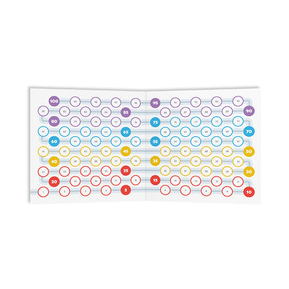 A colorful draft-style card game layout with numbered circles from 1 to 100 in a grid, progressing in a snake-like pattern, varying in red, yellow, purple, and blue featuring Wrong Party: Base Game by Unstable Games.