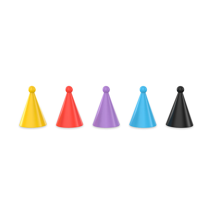 Five colorful Wrong Party: Base Game pawns arranged in a row on a white background, colors include yellow, red, purple, blue, and black—perfect for setting the draft-style card game tone by Unstable Games.