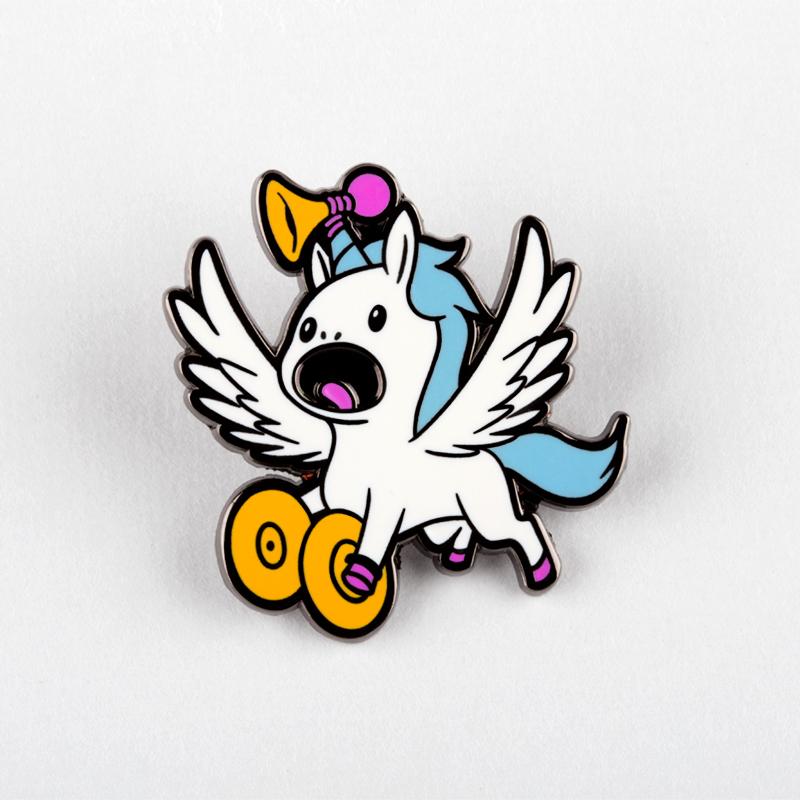 The TeeTurtle Annoying Flying Unicorn Pin, featuring a unicorn on a wheel with wipe clean capability.