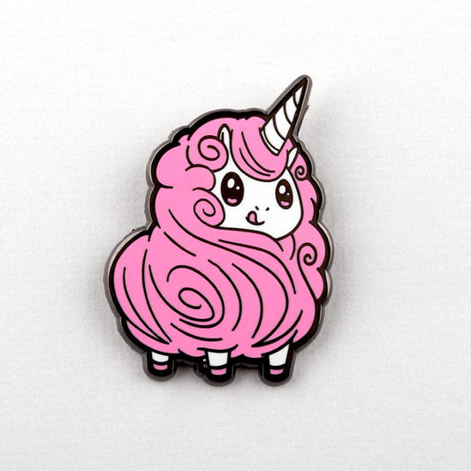 A pink, cartoon-style enamel pin of a fluffy Cotton Candy Llamacorn pin with a swirling mane and a silver horn against a plain background by Unstable Games.