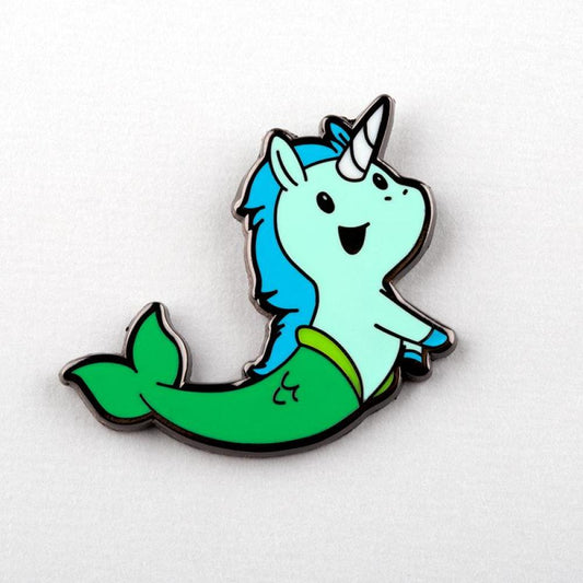 A Mermaid Unicorn Pin featuring a whimsical design of a Mermaid Unicorn, colored in shades of blue and green against a pale background by Unstable Games.